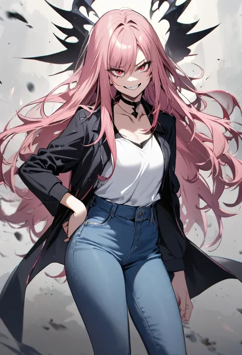 1girl, solo, pink hair, long hair, white top, blue jeans, smile, evil side, bad girl 