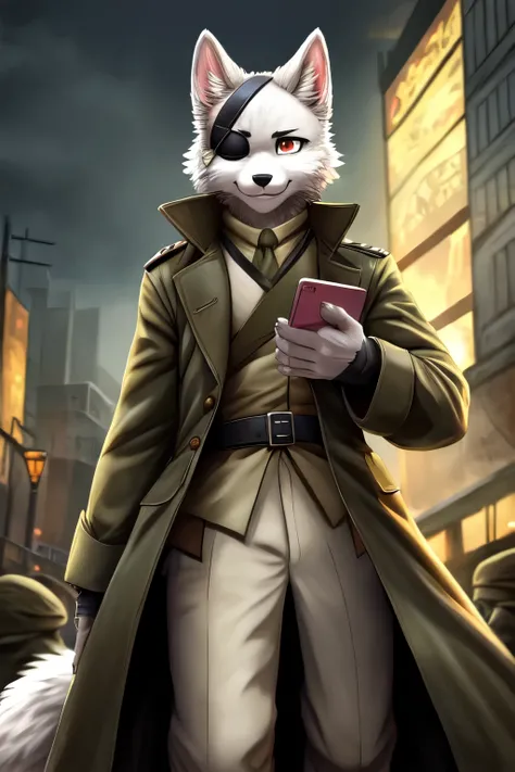 ((best quality)), ((masterpiece)), (detailed), 1boy, trench coat, full body, anthro, one eye patch, army general, holding a tablet, big fluffy tail, war background, fur, grey and white fur, smiling, one eye patched with bandage, ((extreme details)), (big d...