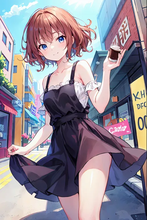 Brown Hair，Shoulder-length hair，Messy Hair，Slender beauty，Correct posture，Mid-chest，Beautiful feet，Very cute，🩷，（Cute older sister:1.3）、Long eyelashes、smile,early summer vibes、noon、Aggressive、hot、((Strong winds))、Red camisole，Her captivating grey-blue eyes ...