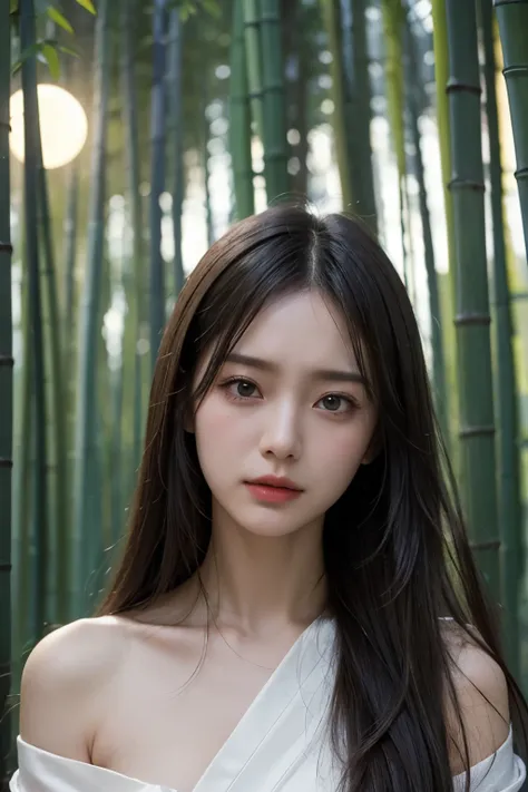 realistic, photogenic, in the deep dark mid night, shot from a diagonal angle behind her, angles looking up from below, the full moon is shining small and high up above her head, lighting moonlight, the moonlight is reflected in the pond, in the bamboo for...