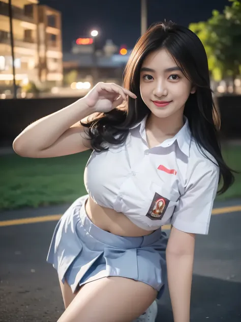 1girl, 1 girl, (Indonesian_high_school_uniform), standing, outdoors, night view, detailed Metropolitan city at the background, (Overhead view:1.35), (zoom out: 1.1), detailed face, cute little smile, detailed eyes, thick breasts, six pack abs, smooth reali...