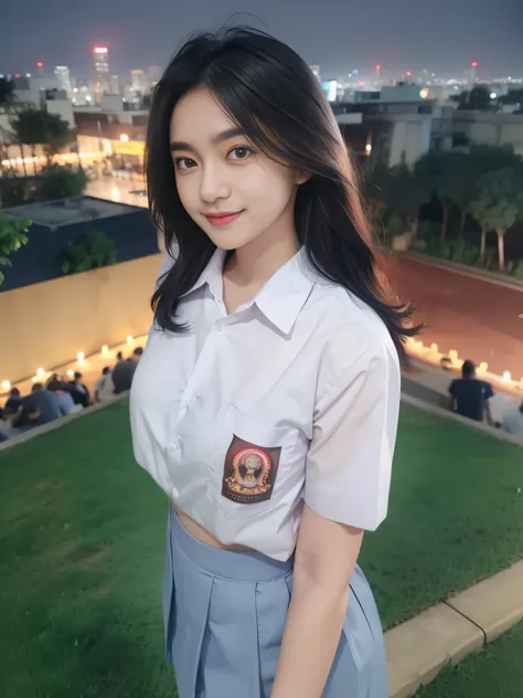 1girl, solo, 1 girl, (Indonesian_high_school_uniform), standing, outdoors, night view, detailed Metropolitan city at the background, (Overhead view:1.35), (zoom out: 1.1), detailed face, cute little smile, detailed eyes, thick breasts, six pack abs, smooth...