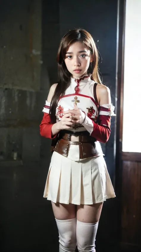 Asian sister posing in cosplay costume in front of the event venue, 18year old with the face of a 10year old, ASUNA costume from Sword Art Online, , a cosplayer, a frontal angle, the best strobe photography, whole body,asuna yuuki, long hair, brown hair, (...