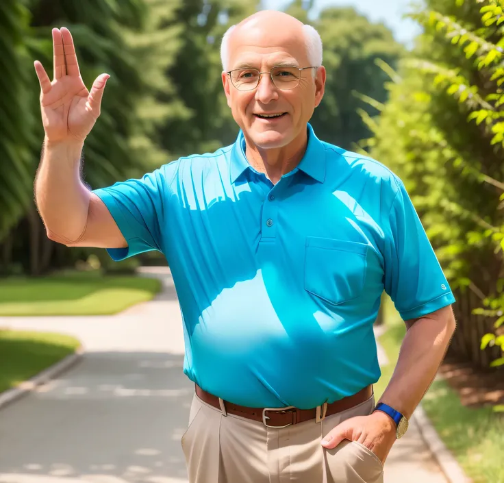 bald white elderly man in blue shirt and pants standing with waving his right hand up side , indistinct man , t pose, standing p...