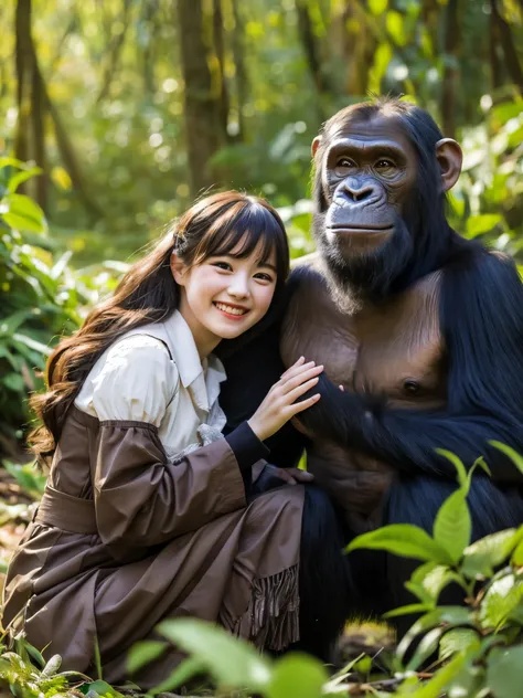 Highest quality　masterpiece　detailed　A super cute girl is smiling and making friends with a chimpanzee in the forest　Photo style　Fantasy　Dramatic Production