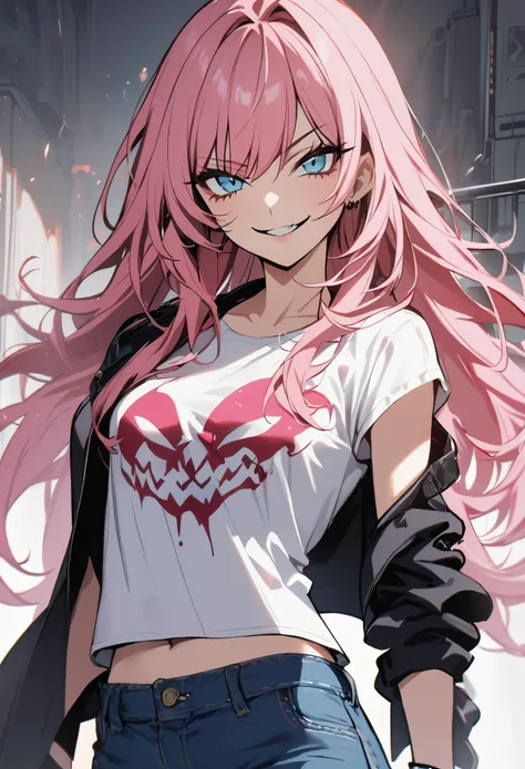 1girl, solo, pink hair, long hair, white top, blue jeans, smile, evil side, bad girl 