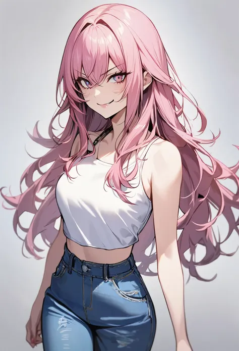 1girl, solo, pink hair, long hair, white top, blue jeans, smile, evil side, bad girl 