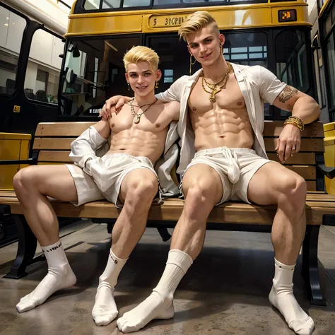 2 arrogant Burberry swagg chav blond european white boys with clean shave hype undercut haircuts, Burberry clothing, Burberry socks, no shoes, lots and lots of gold rings, necklaces, bracelets, gold piercings, nose piercings, sprawled on large bench at bus...