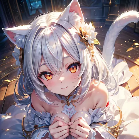  ((masterpiece,best quality,ultra-delicate,Perfect Face,16k,high resolution,very beautiful girl)),white cat girl,smile,white dress,white cat ears,white cat tail,white hair,pamper pose,from above,golden eyes