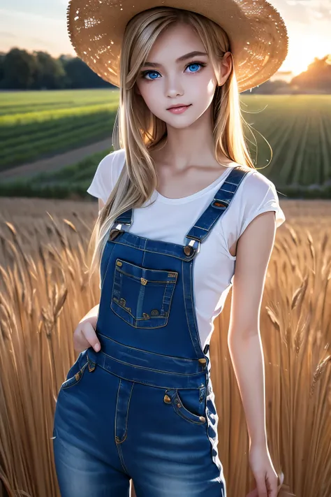 masterpiece,Highest quality,Very detailed,beautiful girl, teenager,Jeans overalls,Checked shirt,Straw hat,A wheat field,Small breasts,Narrow waist,Straight blonde hair,Perfect Blue Eyes,very cute,Active pose