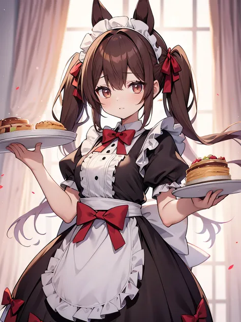 a woman dressed as a maid holding a tray in her arms and a bowl over, 1girl, maid, apron, maid headdress, brown hair, enmaided, white apron, solo, blush, puffy sleeves, bow, twintails, maid apron, animal ears, puffy short sleeves, short sleeves, horse ears...