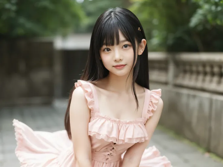 adorable, 14 years,  japanese girl,  (frilly summer dress fluttering in the wind :1.4),   curly hair, hair scrunchie, twin tails...