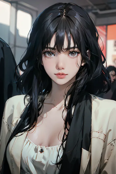 Beautiful girl with realistic black eyes, Pale skin, Medium black hair, Perfect Face, Perfect Eyes, Wearing a coat, Very detailed, General Movies, Digital Painting, 8k, Cinema Lighting, Highest quality, High resolution, well done!, Post-processing, Perfect...