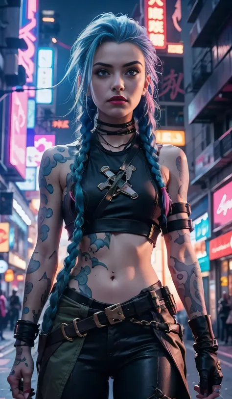 Jinx from arcane, walking down the street in the evening, cyberpunk woman anime woman, pants, Beautiful angry cyberpunk goddess, cyberpunk artstyle, cyberpunk anime digital art, cyberpunk anime art, 1 girl, stars tattoo on arm, asymmetrical bangs, bangss, ...