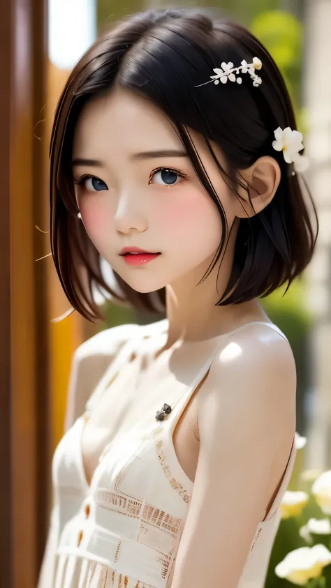 cute, (Black Hair、White Mesh), ((Short Bob)), Perfect Face, An innocent smile, Upper Body,(blue eyes), (Yan), (small), (thin), ((Flat Chest)), ((Only 16)), Skin dentition, Very detailed, Attractive oval face, Red lips, pink, Glowing Skin, thin髪, Face Focus...