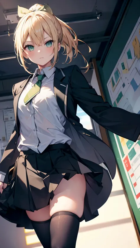 ,Highest quality,Blonde,Green Eyes,ponytail,classroom,lol　　face,uniform,Dress shirt,tie,spats,slender,