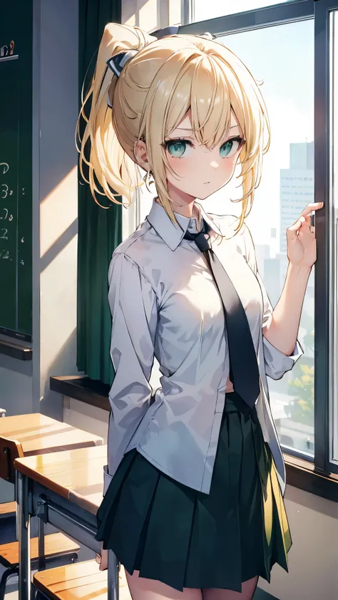 ,Highest quality,Blonde,Green Eyes,ponytail,classroom,lol　　face,uniform,Dress shirt,tie,spats,slender,