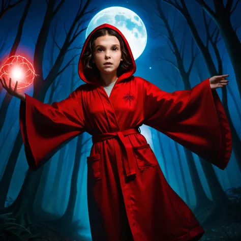 milli3 woman, millie bobby brown, 1 girl wearing red dark hooded silk robe, netflix, stranger things, eleven, in dark forest wit...