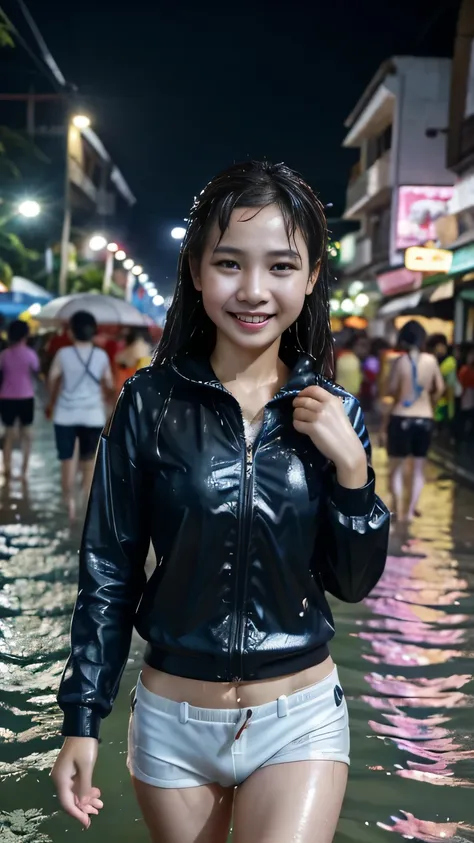 songkran festival, wet street , a young girl named soaked, soaked, dripping, wet clothes, moist skin, wet hair, 8k, masterpiece,...