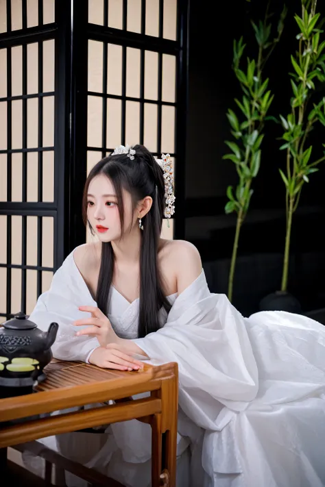 there is a woman sitting on a table with a tea pot, white hanfu, palace ， a girl in hanfu, wearing ancient chinese clothes, with acient chinese clothes, hanfu, chinese costume, traditional chinese clothing, inspired by Gu An, inspired by Tang Yin, chinese ...