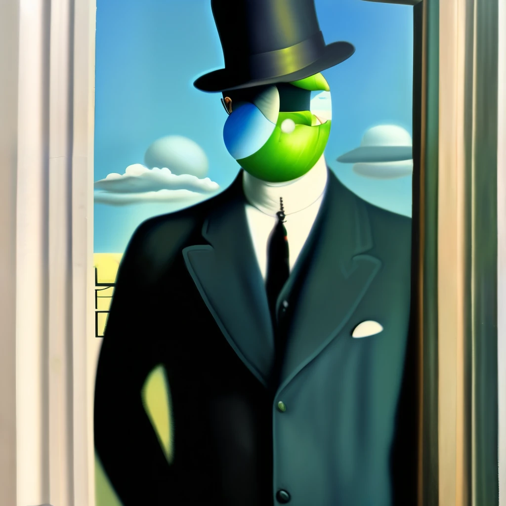 The style of Rene Magritte、door、blue sky、Gentleman in a Bowler Hat and a Green Apple