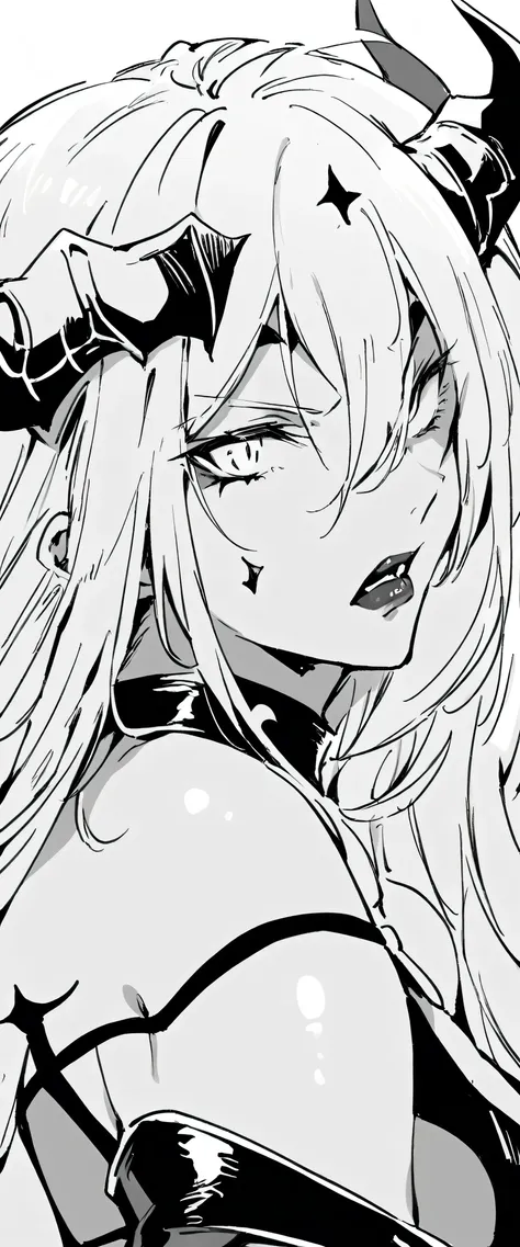 demon queen with horns, sexy, looking at straight, black and white manga image to.