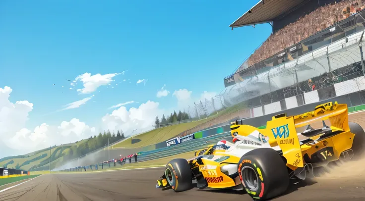 a close up of a racing car on a track with a crowd watching, racing, pc screenshot, massive vertical grand prix race, new ai race, game cg, game screenshot, online, crisp smooth lines, at racer track, stunning graphics, on a racetrack, at circuit de spa fr...