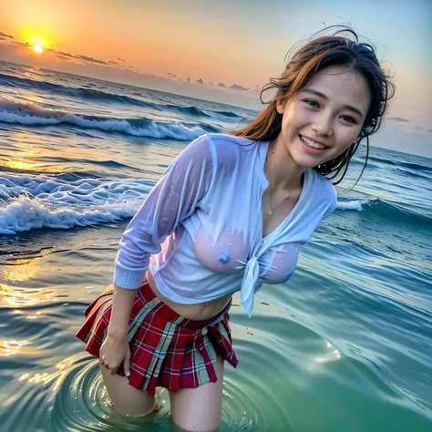 20 yo Indonesian girls in school uniforms playing in the water, at the beach, sunset, twilight hour, magic hour, wet sand, waves, long sleeves, 2 girls, (cardigan), ((loose tie)), ((pleated skirt)), closeup fantasy with water magic, beautiful maidens, play...