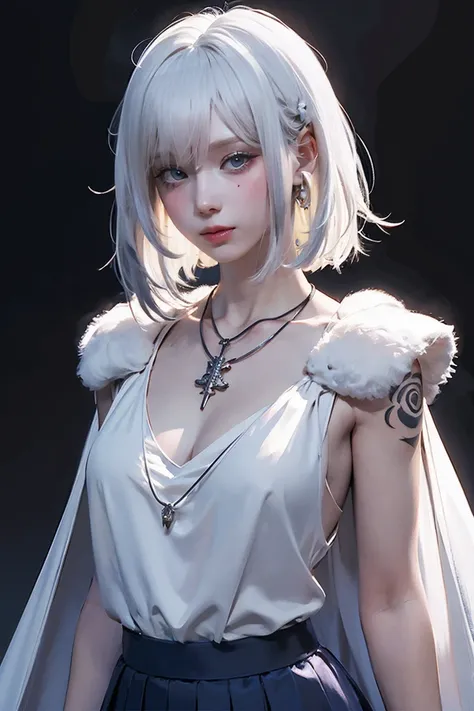 NSFW,((woman with tattoo on chest)), , ((Short white hair with bangs, Black strands of hair)), Purple eyes, White T-shirt and white cape, Pendant around the neck. 超High resolution.Realistic. 超High resolution.Realistic:1.4,超High resolution. Realistic，High r...