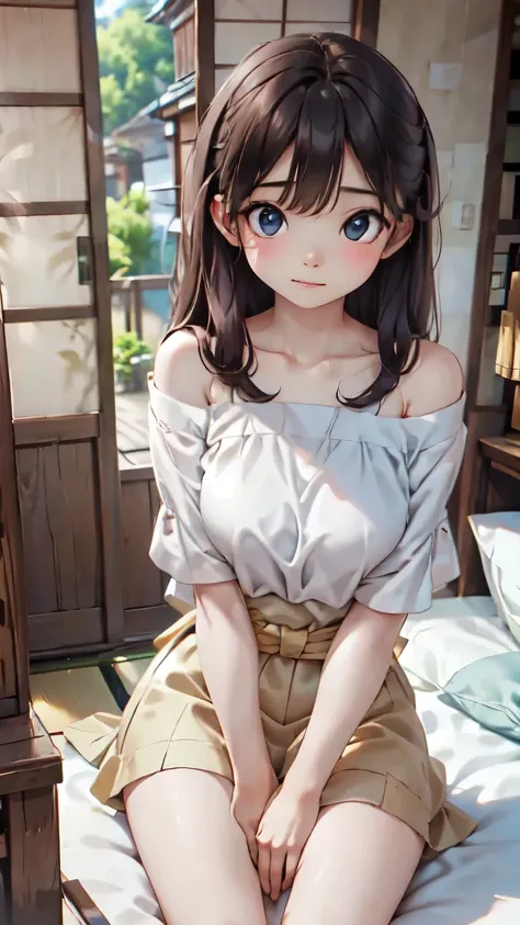 Ultra High Resolution, (Realistic: 1.4), RAW Photo, Best Quality, (Photorealistic), Focus, Soft Light, ((Age15)), ((Japanese)), (Front, Young Face))), (Depth of Field), (One Piece), Masterpiece, (Photoreal), Woman, Bangs, (( off-the-shoulder top, Bedroom, ...