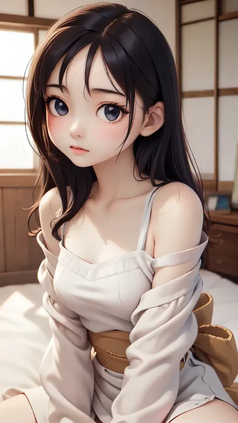 Ultra High Resolution, (Realistic: 1.4), RAW Photo, Best Quality, (Photorealistic), Focus, Soft Light, ((Age15)), ((Japanese)), (Front, Young Face))), (Depth of Field), (One Piece), Masterpiece, (Photoreal), Woman, Bangs, (( off-the-shoulder top, Bedroom, ...