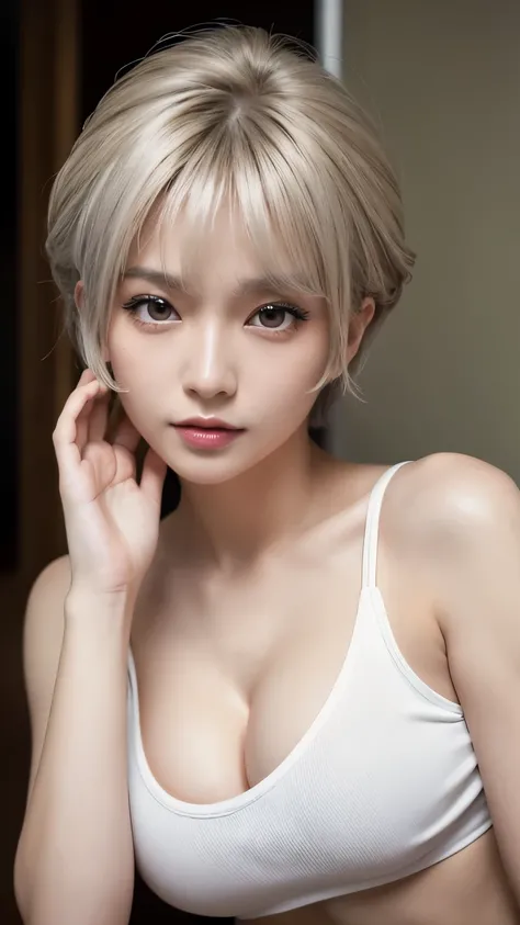 Highest quality、masterpiece、High resolution、masterpiece、 One Japanese woman、Beautiful adult woman、actress、Silver Hair、Pixie Cut、The most beautiful face、(Orgasm Facial:1.3)、Beautiful Skin、Cute eyes、Big eyes、Droopy eyes、Brown eyes、Thin lips、Glossy Lips、light...