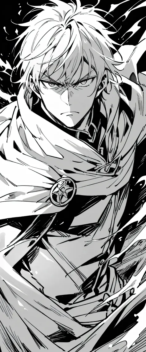 a man in cape, serious look, black and white manga image.