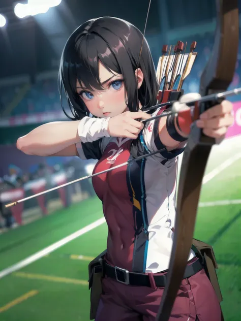  masterpiece, (textured skin), best quality, gorgeous beautiful girl, (a female archery athlete), detailed clothes,large breasts,narrow waist,, (beautiful face), cinematic lighting, (at archery venue ),