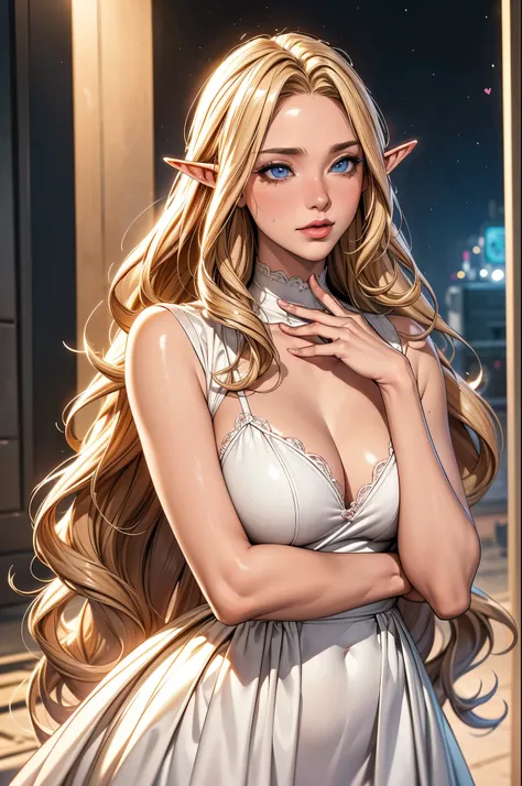 1 elf girl, one person solo, (beautiful elf lady in loving), (honey blonde hair), (absurdly long wavy hair), hair strand, long bangs, shiny hair, (symphony blue eyes), high-detailed and delicate eyes, (colourful eyes makeup, red lips), ultra detailed facia...
