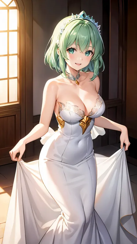 Shoulder-length green hair, Small size breasts, Small breasts、Green Eyes, 、(((Lady))),The whole body from head to toe、Luxury Party Dresses、Shoulder Bare、smile、Uplifting、、Elegant party、greeting、Well-groomed appearance、Reception at the party venue、Elegance、、...