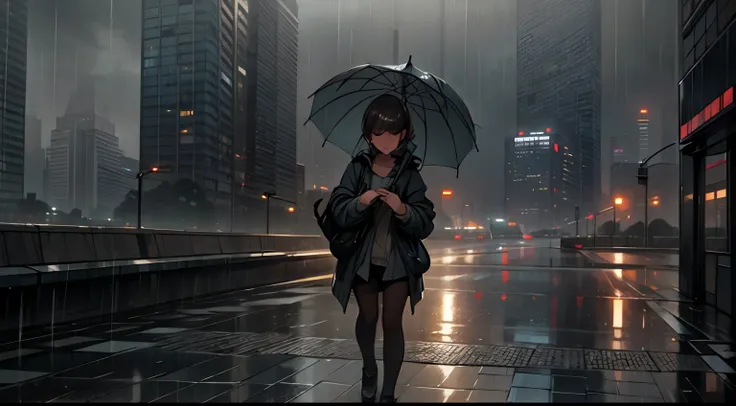 a rainy cityside landscape, cityscape, skyscraper building, wet street, puddle, rain falling, overcast sky, dramatic lighting, moody atmosphere, gloomy, cinematic, muted color palette, cool tones, realistic, photorealistic, highly detailed, 8k, best qualit...