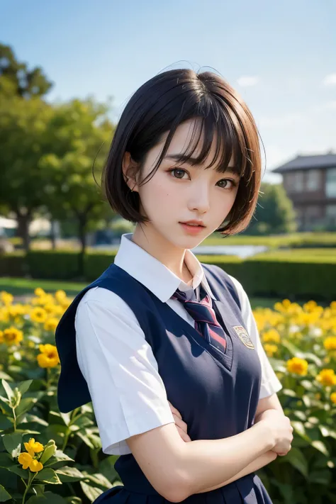 (Highest quality: 1.3)、(Very detailed: 1.3)、High resolution、8k wallpaper、Perfect dynamic composition,、(masterpiece: 1.3)、

Beautiful Eyes、Natural color lip、((Japanese Idols))、very cute、

Short black hair, bangs, (school uniform), Tight waist, (Outdoor, gar...