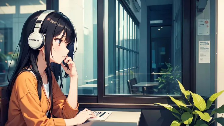 Gazing out the window from a café. A young girl with black hair, dressed in stylish clothes, is wearing headphones labeled "Lo-Fi." The girl is shown in profile, looking into the distance with a calm and relaxed expression. Her hair is meticulously rendere...