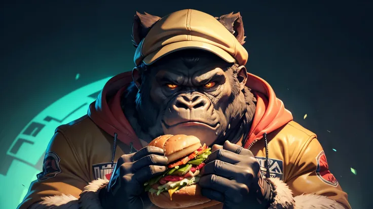 gangster che mangia un panino mcdonalds, gangsters have human bodies and animal heads, the boss is a gorilla wearing Sicilian mafia clothing
