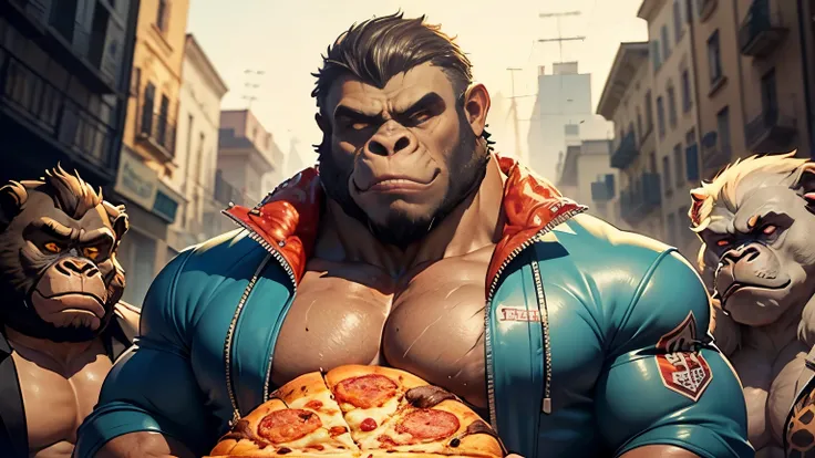 gangster che mangia una pizza con salame e mozzarella filante, gangsters have human bodies and animal heads, the boss is a gorilla wearing Sicilian mafia clothing
