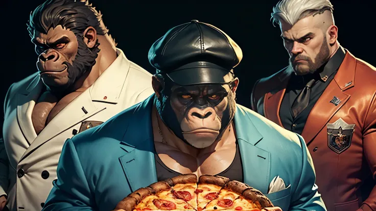 gangster che mangia una pizza con salame e mozzarella filante, gangsters have human bodies and animal heads, the boss is a gorilla wearing Sicilian mafia clothing
