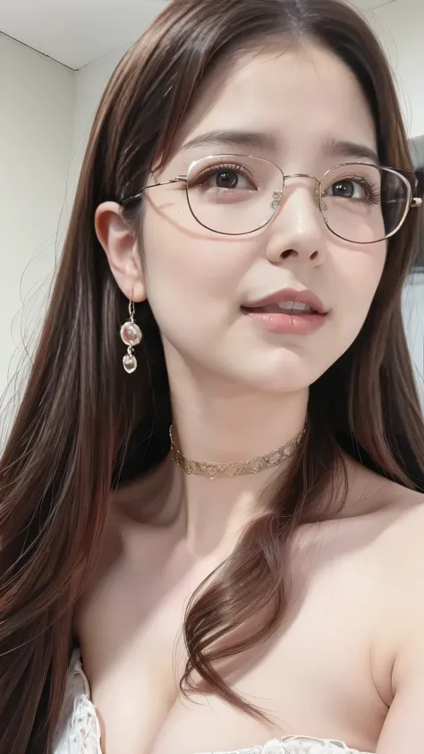 portrait of sexy mature woman, rimless glasses, long straight hair, choker, bright lipstick, orgasm, emotion, ahegao, passion, asphyxiation, close up portrait, high detailed image, masterpiece, oil painting