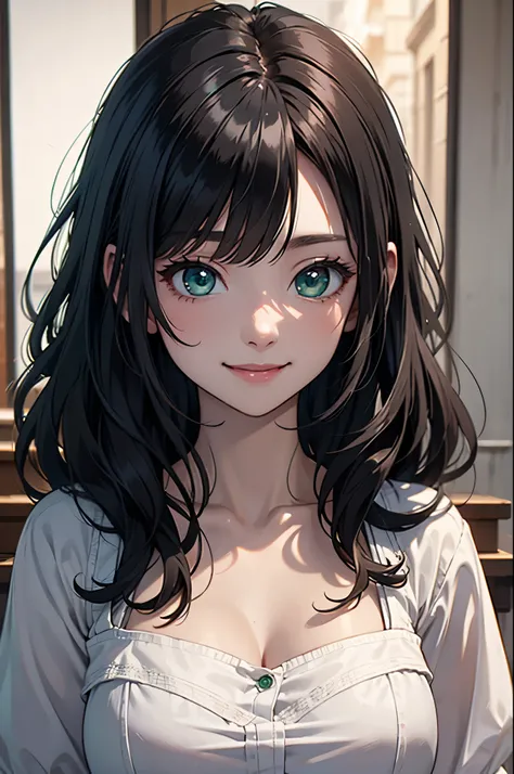 Masterpiece、Highest quality、8k、One Pretty Woman、20-year-old、Long Wavy Hair、Black Hair、bangs、Emerald green eyes、Big eyes、smile、Fair skin、Slender body, large bust、White blouse