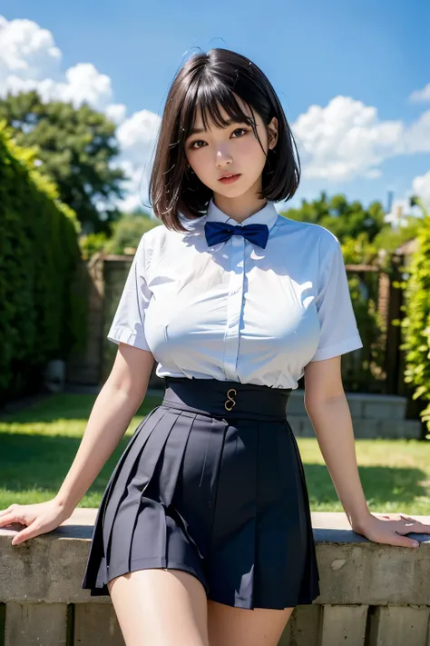 (Highest quality, 8k, 32K, masterpiece, Ultra-high resolution:1.2), Cute Japanese Girl, (Huge breasts:1.1), Short black hair, bangs,expensive, (school uniform), Tight waist, (Outdoor, garden, blue sky),(high school girl),