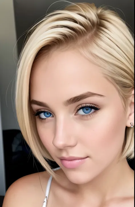 ((best quality)), ((Ultra-high resolution)), ((Reality)), (Intricate details), 1, Blonde Hair, Perfect face, cosmetic:1.5, There is light on the face, Facial details, naked, short hair,