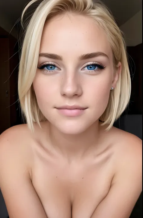 ((best quality)), ((Ultra-high resolution)), ((Reality)), (Intricate details), 1, Blonde Hair, Perfect face, cosmetic:1.5, There is light on the face, Facial details, naked, short hair,