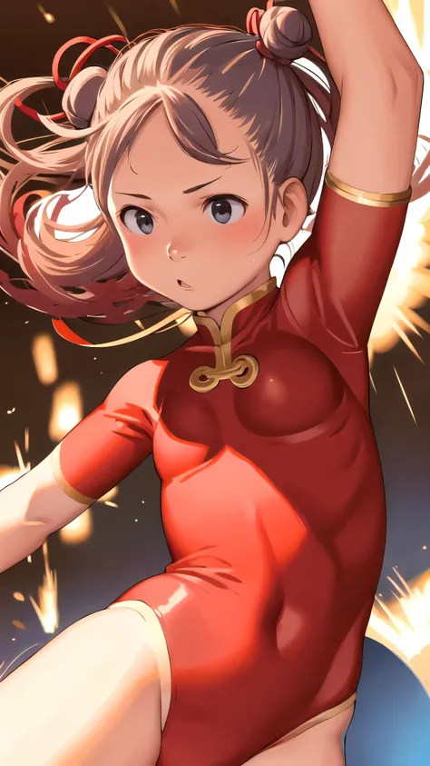 One girl, High resolution, Baby Face,Chinese style red leotard with gold decoration,Bun Hair,Flying kick