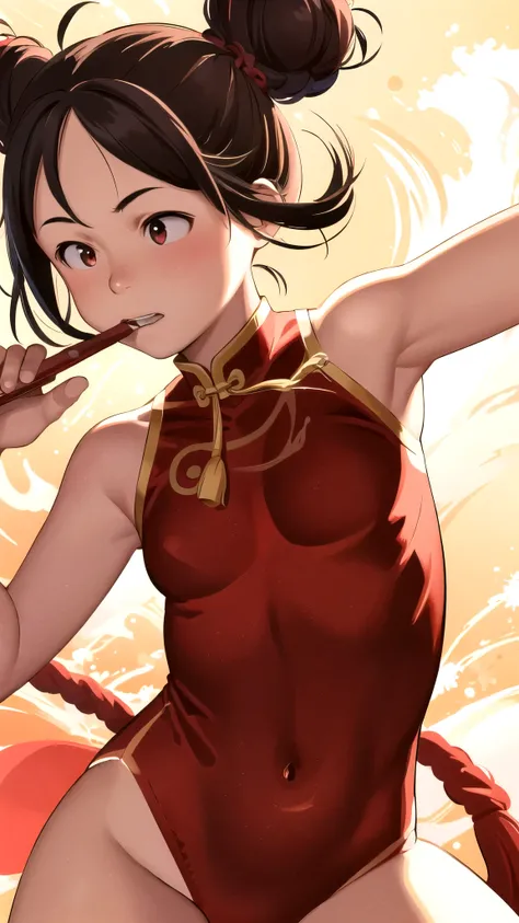 One girl, High resolution, Baby Face,Chinese style flashy red leotard,Bun Hair,Kung fu action