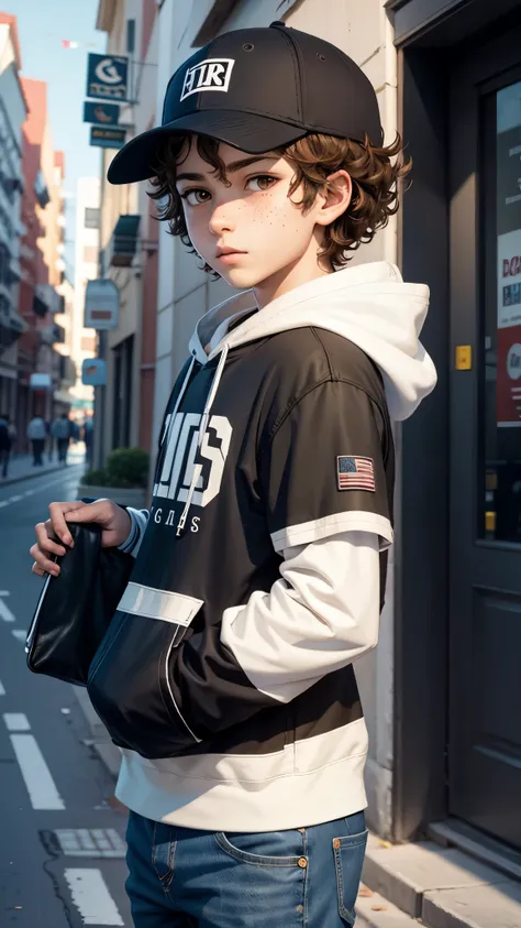 Anime style young boy with white skin freckles brown curly hair and brown eyes, black baseball cap hoodie and jeans, anime style, shojou style shonen style